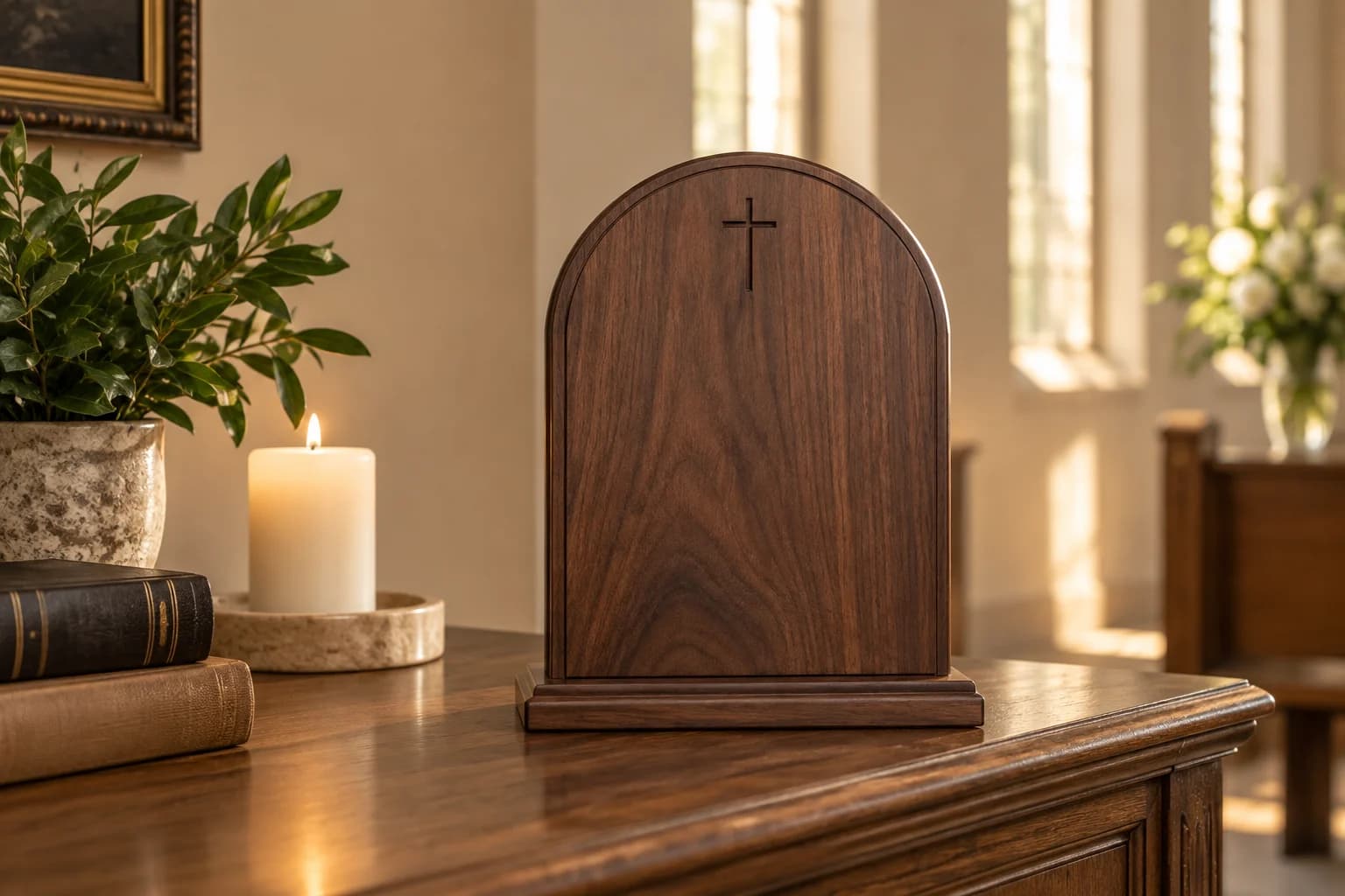 Arched wood recognition plaque with a cross in a quiet church setting