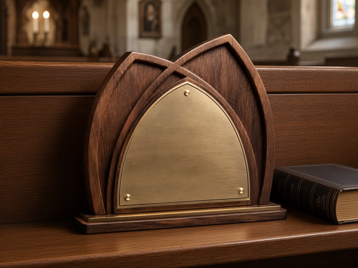 Church Service Plaque design concept beside everyday objects for scale