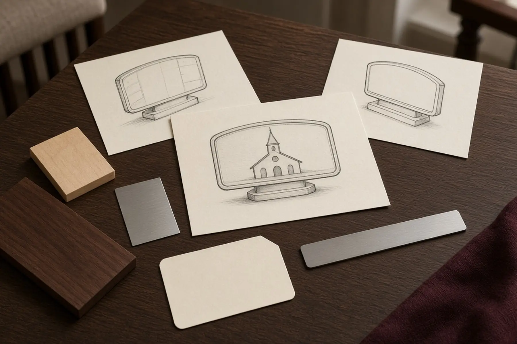 Design planning concept for a Church Service Plaque: sketches, material swatches and a blank sample shape