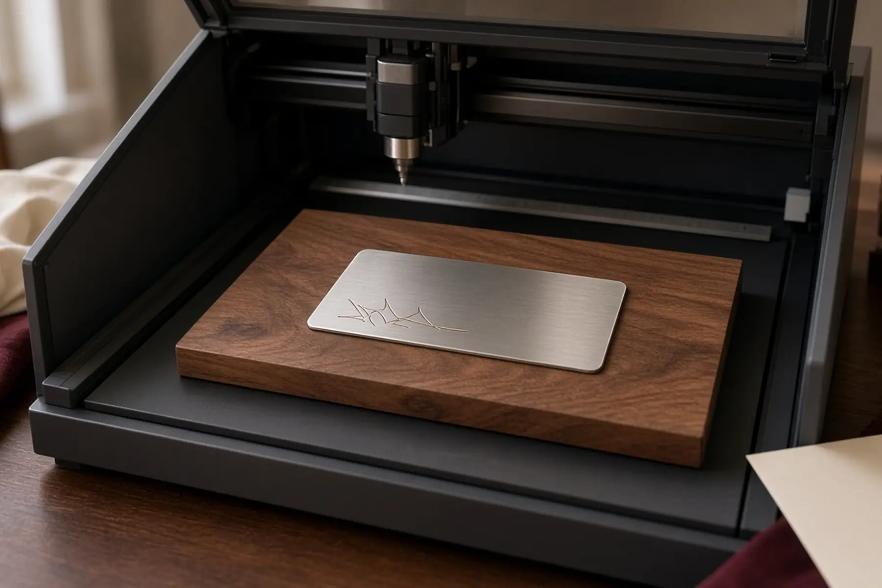 Engraving concept: a blank plate for a Church Service Plaque inside an enclosed marking machine