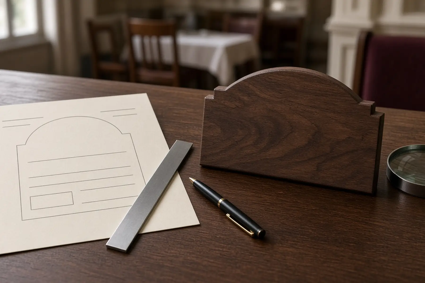 Proof review concept: a full-size layout checked against a blank Church Service Plaque