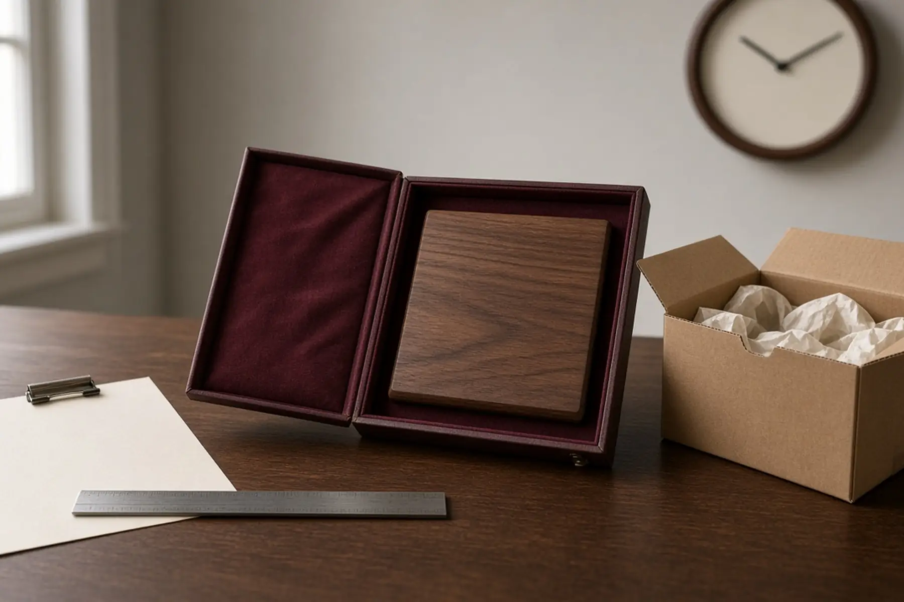 Rush planning concept: a Pastor Appreciation Plaque, carton and checklist arranged around an arrival date