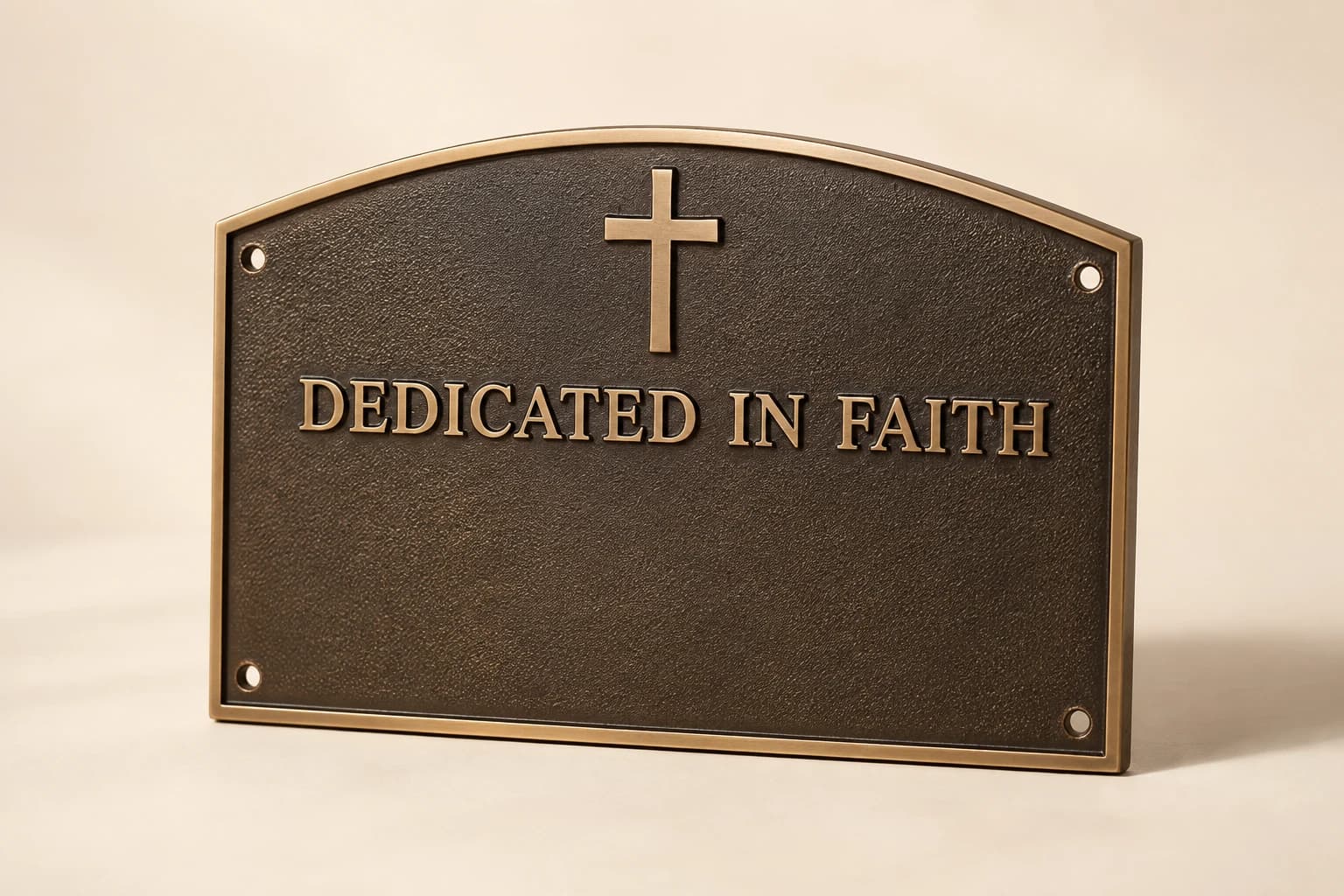 Arched cast-bronze building dedication plate with a simple cross.