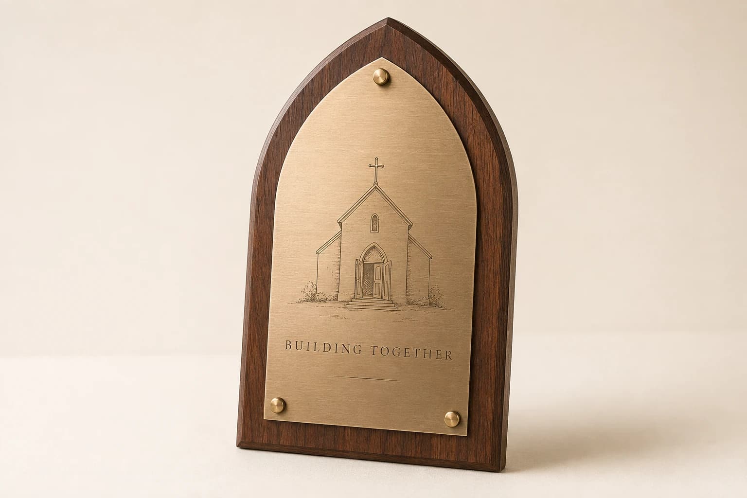 Pointed-arch walnut donor plaque with an engraved chapel motif.