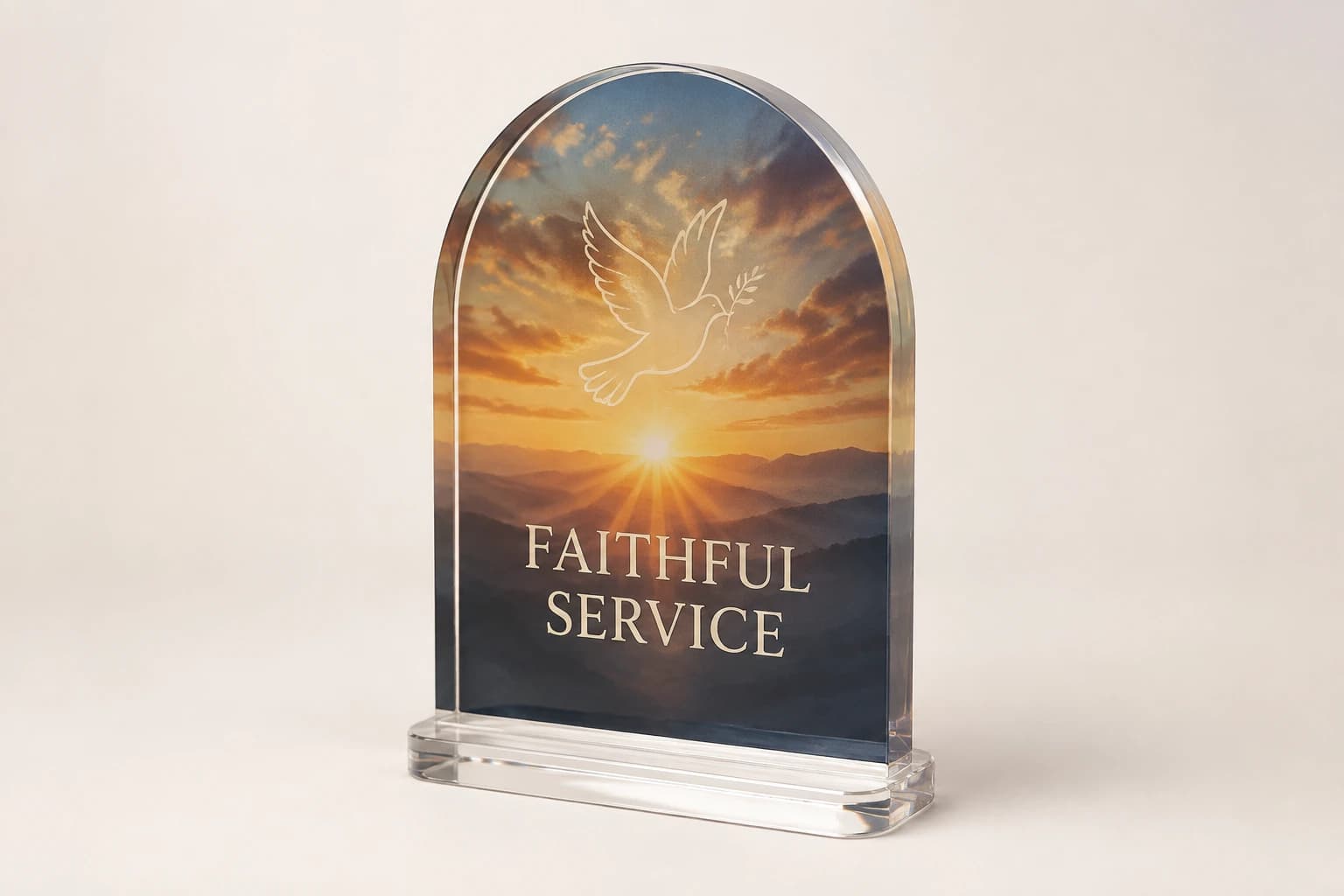 Sunrise-colored printed acrylic ministry service award.