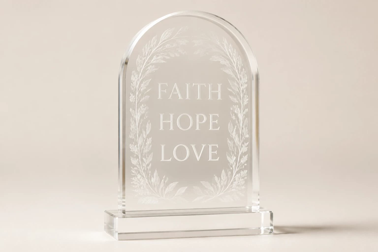 Arched clear scripture-inspired award with faith, hope and love lettering.
