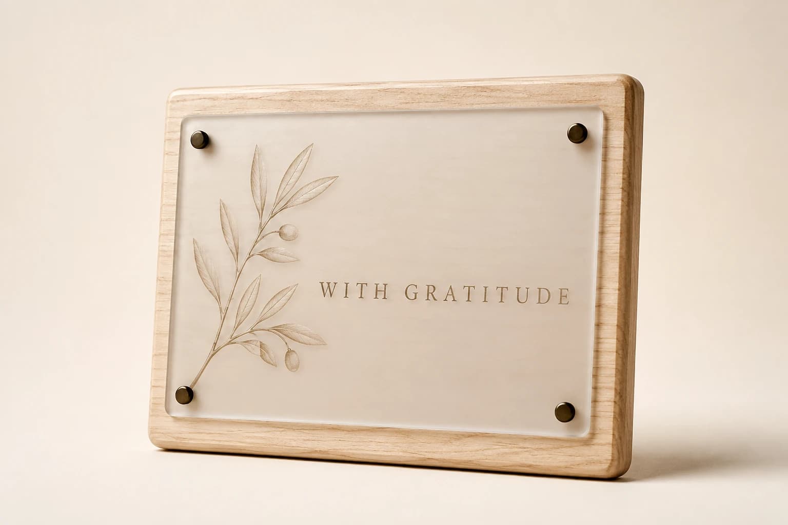 Ash volunteer plaque with a frosted acrylic panel and olive branch.